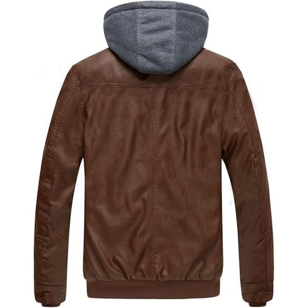 Men's Brown-Thick Winter Coat Faux Leather Spring Jacket with Removable Hood - Picture 3 of 6